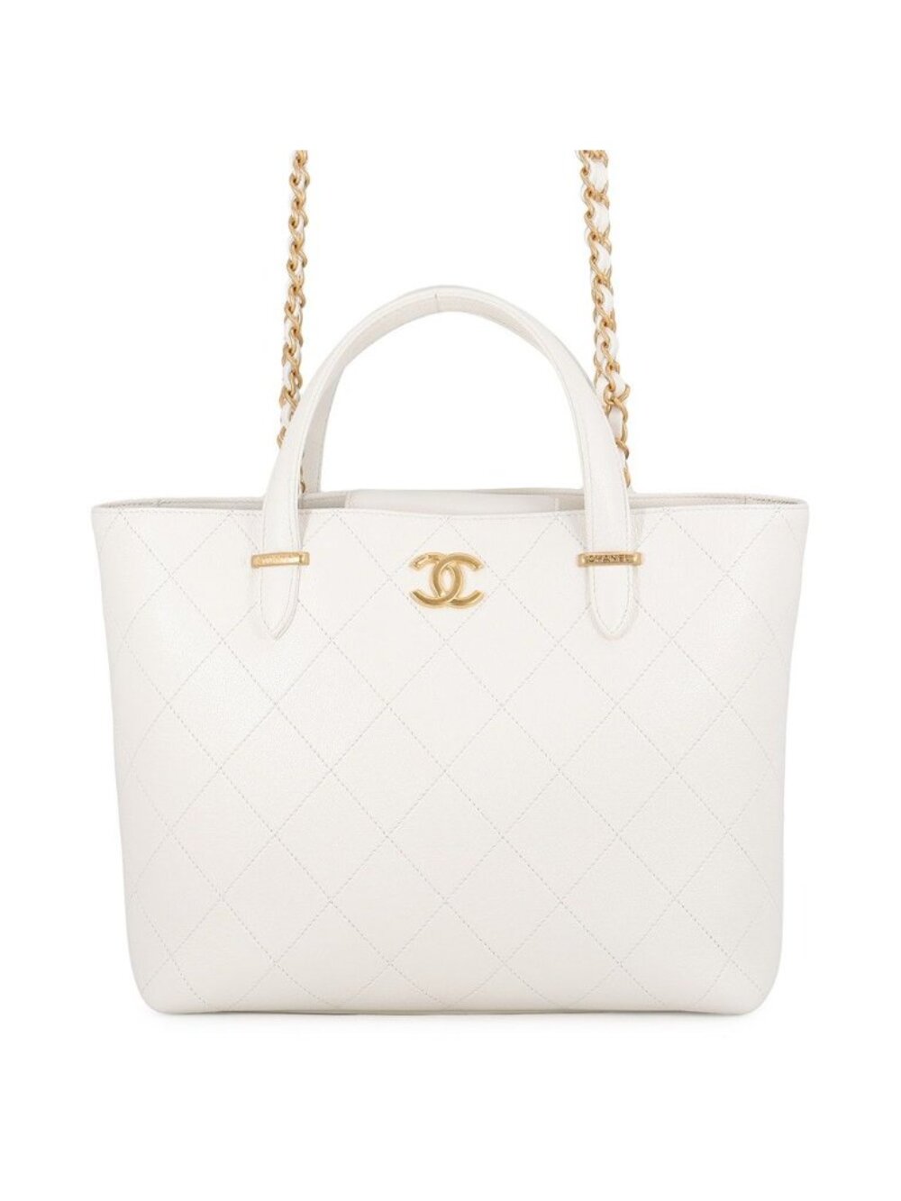 Chanel Tote Quilted CC Logo Caviar Leather 2-Way Shoulder Bag White